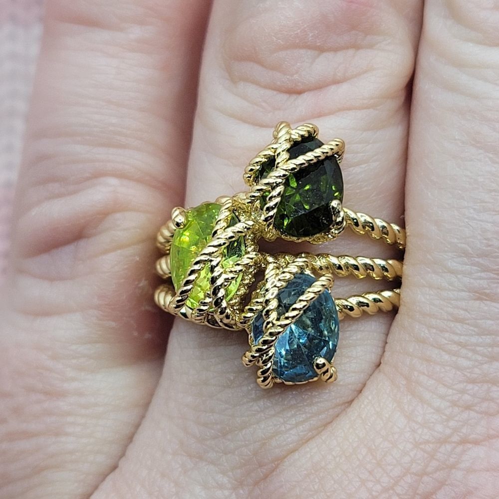 5/$21 ❤️ Gold Triple Wrap Ring W/ Green Emerald Peridot & Blue Sapphire Crystal